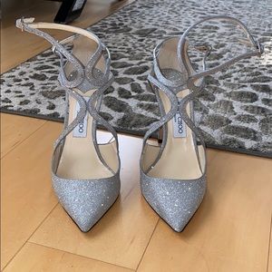 Jimmy Choo “butterfly” silver glitter heels